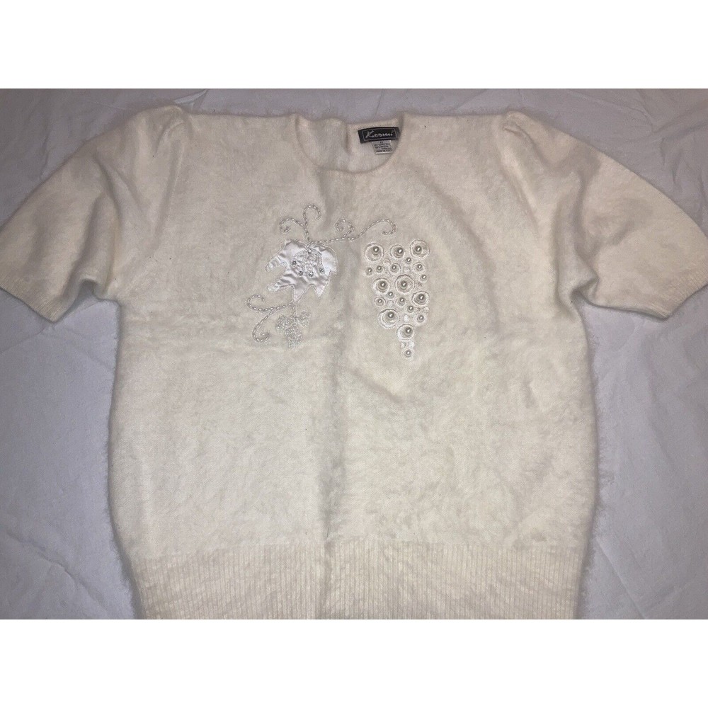 VTG 80s Keomi Size M Angora Ivory Beaded Pull Over Sweater Puff Sleeve